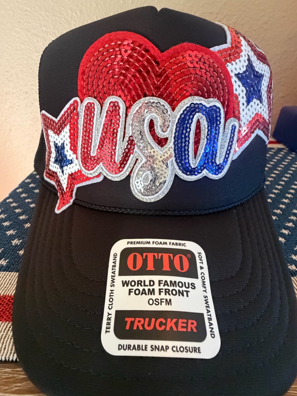 Custom OTTO Black Trucker Hat With USA Red, White & Blue Patches